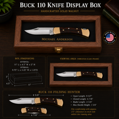 Informational poster showing Buck 110 Knife Display Box in a walnut case with a folding hunter knife and a USA badge.