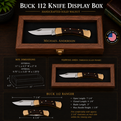 Walnut display box containing a Buck 112 folding knife with brass bolsters, shown as a showroom model in a dark wood setting.