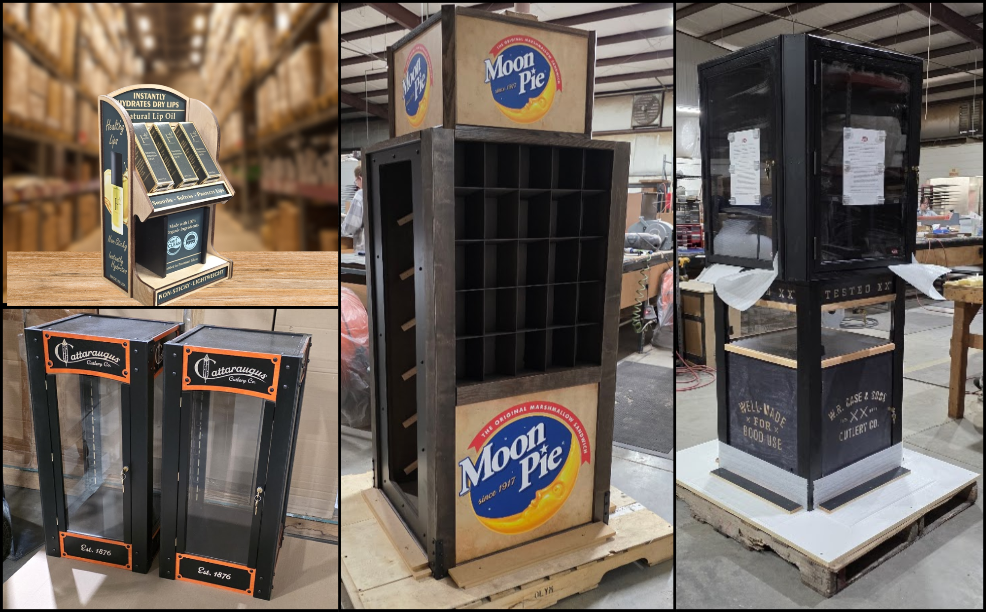 POP Displays Collage of vintage display cases and a Moon Pie vending unit in a warehouse workshop setting.