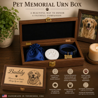 Pet memorial urn box set displayed with a blue pouch, paw-print keepsake, and a collar tag reading 'Buddy' beside a framed dog photo and candle.