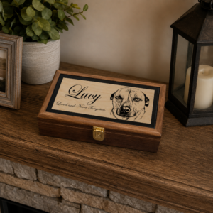 Wooden memorial keepsake box on a mantel, engraved with 'Lucy Loved and Never Forgotten' and a dog's drawing.