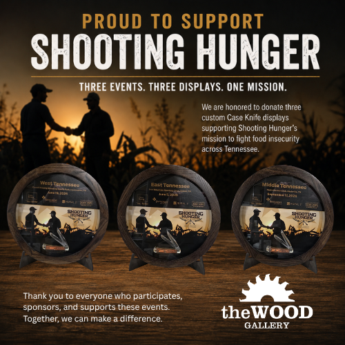 Poster promoting Shooting Hunger with three display barrels against a sunset, The Wood Gallery branding, and event text included.