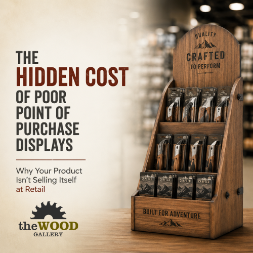 Poster-style ad: 'The Hidden Cost of Poor Point of Purchase Displays' with subtitle 'Why Your Product Isn't Selling Itself at Retail' beside a wooden display rack of packaged products on a store floor; features The Wood Gallery logo.