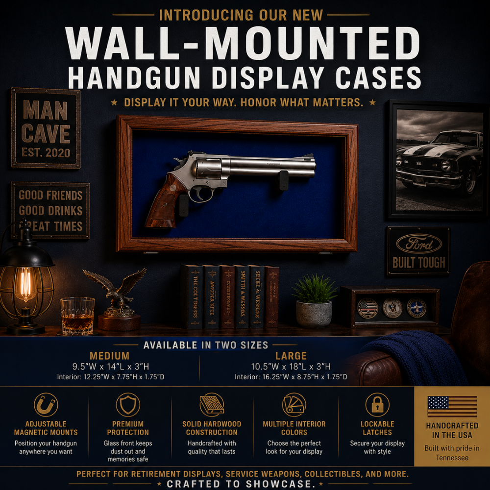 Wall Mounted Handgun Display Announcement Wall-mounted handgun display cases advertisement with a framed revolver showcase and vintage décor signs in a showroom setting