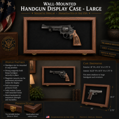 Wall-mounted wooden handgun display case—large frame holding a revolver, with product specs panels and surrounding decor.