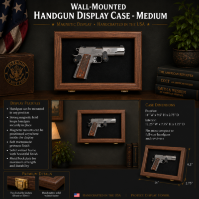Wall-mounted medium handgun display case with a framed pistol on a black backdrop, wood frame, surrounded by decor and panels detailing dimensions and features.
