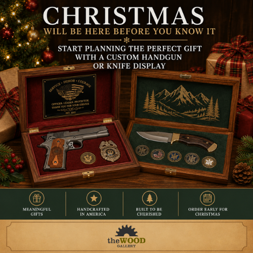 Holiday ad featuring two open wooden display boxes containing a pistol set and a knife, surrounded by festive decor and gold lettering.